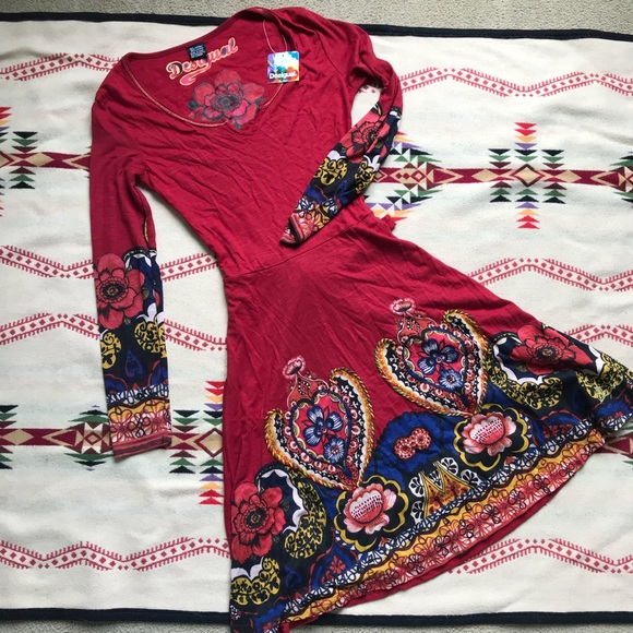 Desigual Dresses & Skirts - Desigual red floral Persian dress long sleeve S
